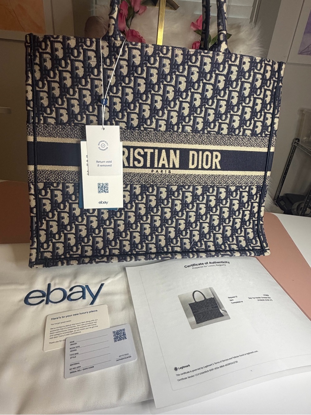 Christian Dior Book Tote Medium Navy Blue Dior Oblique Embroidery Canvas Handbag - Picture 9 of 9